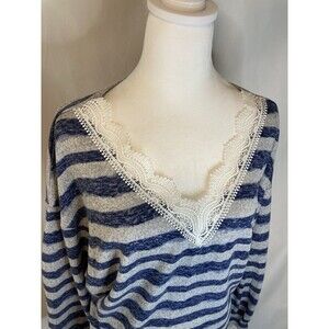 Grannycore Cottagecore Sweater Shirt M Lace V-Neck Blue Gray Stripes AndTheWhy